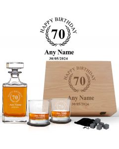 Personalised whiskey decanter box sets for 70th birthday gift.
