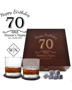 70th birthday personalised whiskey glasses wood box gift set