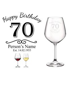 Wine glasses personalised happy 70th birthday design