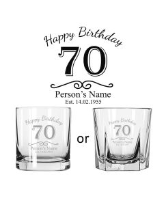 Happy 70th birthday whiskey glasses with personalised design