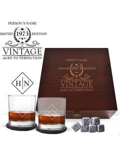 Birthday gift Whiskey glasses box set with limited edition aged to perfection design.