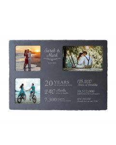 Personalised slate photo frame with three images and anniversary timeline design.