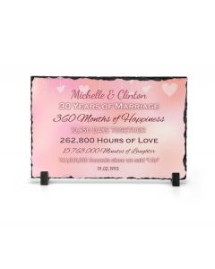Personalised wedding anniversary gift slate plaque with times and dates.