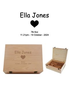 Personalised new baby keepsake boxes with name, weight, time and date of birth engraved.
