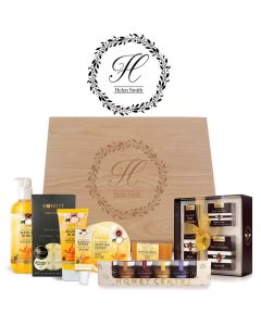 Luxury Wild Ferns pamper hamper with Manuka Honey and Bee Venom products in a personalised hardwood box.