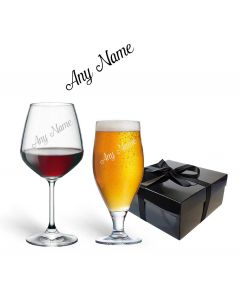 Beer and wine glass gift sets with names engraved.