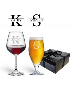 Wine and beer glass gifts sets personalised with any name and initial.