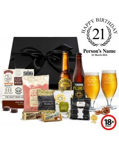 21st birthday gift craft beer box sets with personalised stemmed beer glasses and gourmet treats.