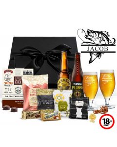 Craft beer gift boxes with gourmet treats, chocolates and two personalised fishing themed stemmed beer glasses.