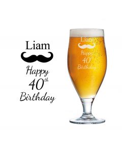 40th birthday gift beer glass with moustache design