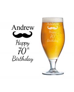 70th birthday gift beer glass with moustache design