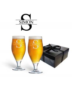 Beer glass box sets with personalised initial and name design. 