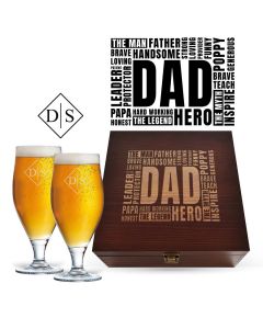 Stemmed beer glass box sets engraved dad word cloud design.