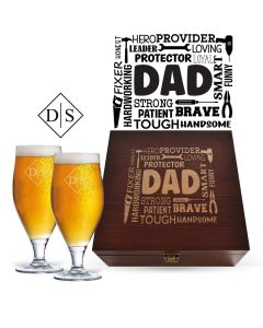 Luxury wood box beer glasses gift sets with engraved dad themed word cloud and two personalised beer glasses.