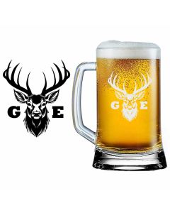 Larger beer glass with handle and engraved stag head design with two intials.