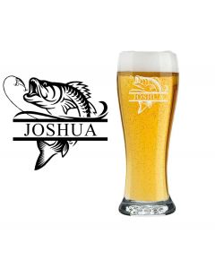 Personalised beer glasses with a fishing themed design and name.