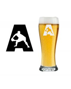 Beer glass with rugby design initials.
