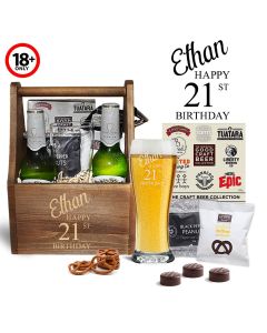Personalised 21st birthday beer and treat gift sets.