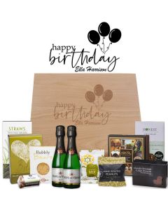 Sparkling wine and gourmet treat gift boxes for birthdays.