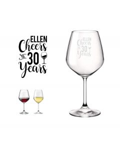 Personalised birthday gift wine glass with cheer to years design.