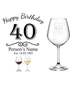 Crystal wine glasses personalised with happy birthday design.