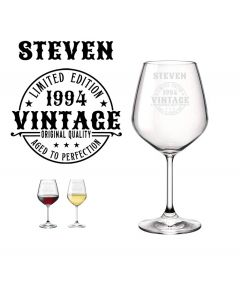 Limited edition aged to perfect birthday gift wine glasses with personalised design.