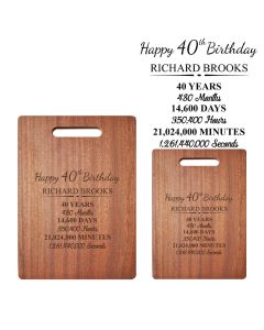 Personalised birthday gift wood chopping boards with years, days, months and seconds.