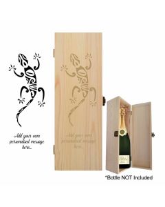 Bottle gift boxes with engraved Gecko lizard and your own personalised message.