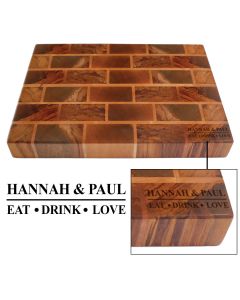 Luxury Rimu wood butcher block chopping boards engraved with eat drink love personalised design for couples in New Zealand