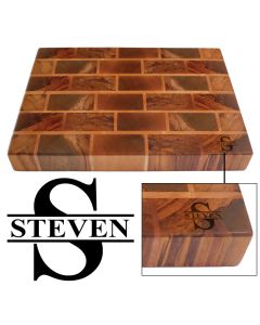 Luxury Rimu and Beech wood butchers block chopping board with engraved initial and name design in the bottom right corner.
