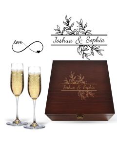 Luxury crystal Champagne flutes gift boxes for weddings, anniversaries and engagement gifts.