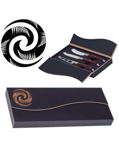 Cheese knife gift sets engraved with a double spiral Koru Fern design