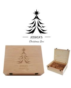 Personalised Christmas keepsake boxes with fun Christmas tree design and name engraved.