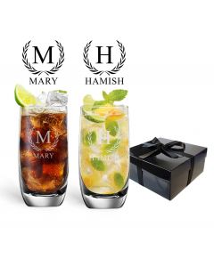 highball glasses gift set with personalised name and initial engraving