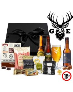 Craft beer gift boxes for men in New Zealand with a personalised stag design stemmed beer glass.