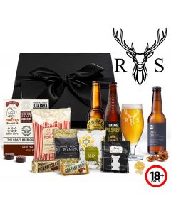 Craft beer gift boxes with engraved stag design glass.