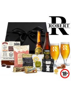 Personalised beer and gourmet treat gift boxes with two engraved craft beer glasses.