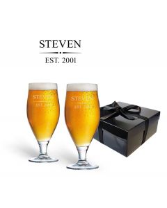 Personalised stemmed beer glasses gift set with name and year engraved.