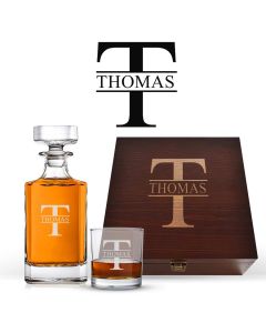 Wood box decanter gift sets with personalised initial and name through design.