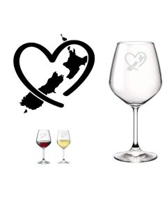 Crystal wine glasses engraved with love heart and New Zealand islands design
