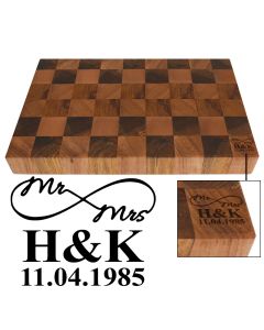 Eternity symbol Mr & Mrs Rimu wood chopping boards laser engraved in New Zealand