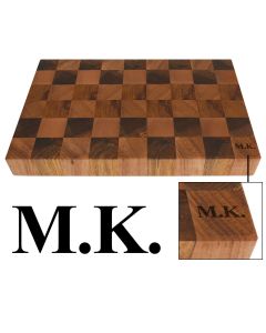 Personalised Rimu and Beech wood butchers block chopping boards engraved with initials.