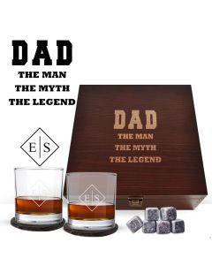 Luxury whiskey glasses box set with dad the man the myth the legend design engraved.
