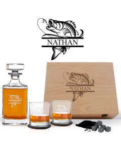 Personalised fishing themed crystal decanter box sets with decanter and tumbler glasses.