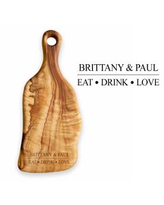 Personalised wedding and anniversary gift solid wood food paddle board engraved with eat drink love design and couple's names