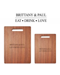 Personalised eat drink love wood chopping boards for couples