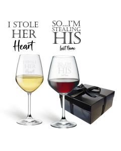 Wine glass give sets for couples with fun I stole her heart so I'm stealing his last name design.