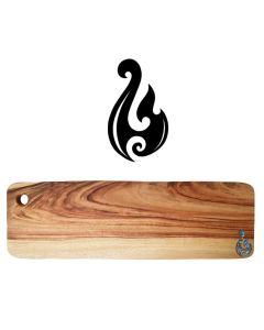 Long solid wood food platter boards with engraved Hei Matau hook design in genuine New Zealand Paua shell
