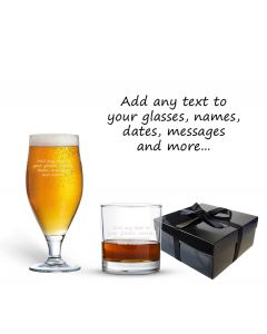 Laser engraved beer and whiskey glasses box sets with any text.