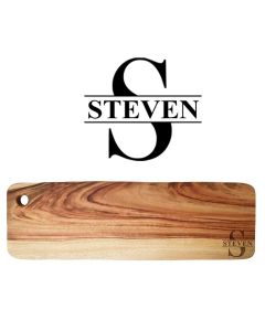Long wood platter board engraved with a person's initial and name
